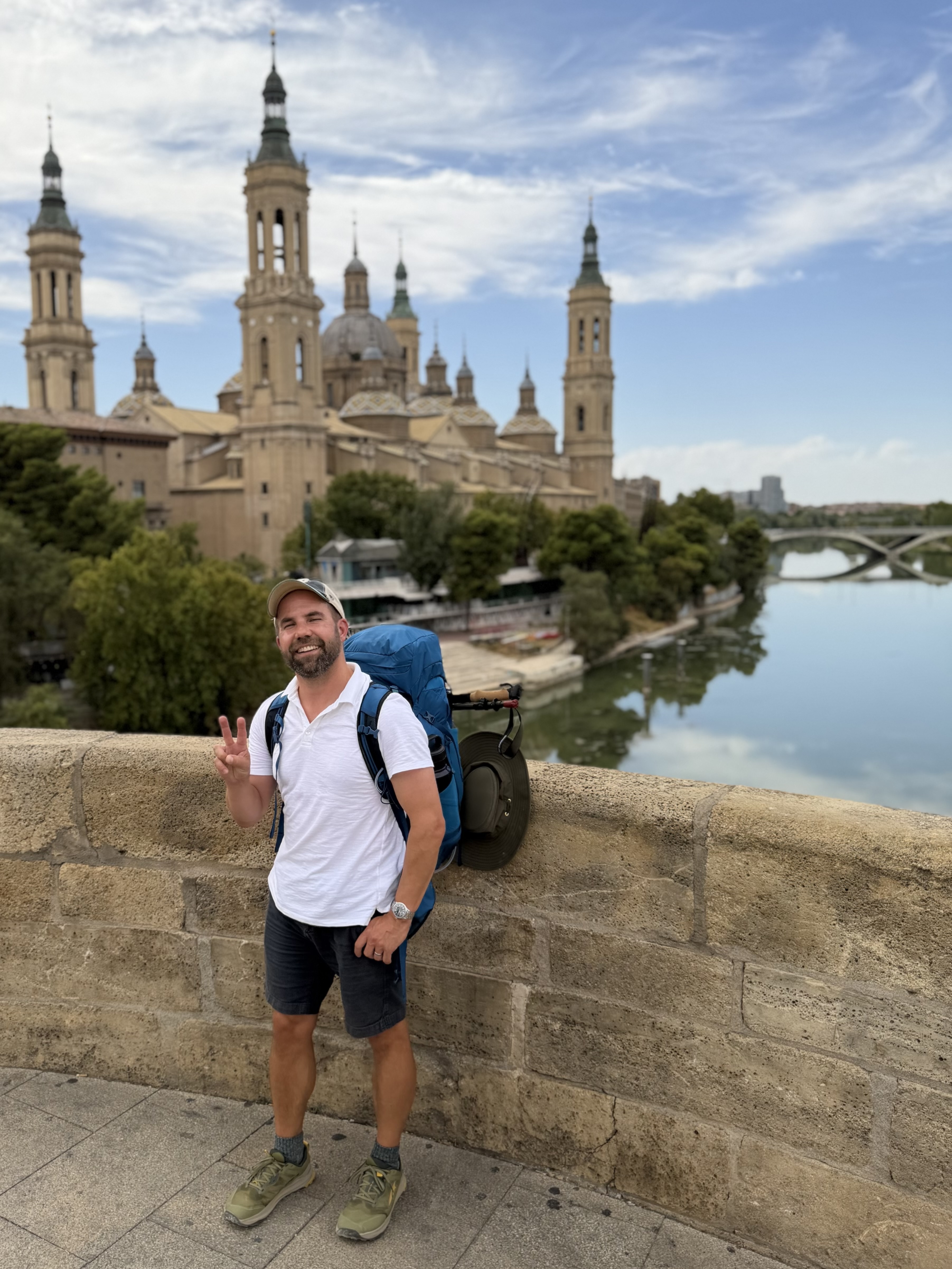 On the Puente de Piedra, with the Basílica del Pilar and Puente de Santiago behind me along the Ebro.