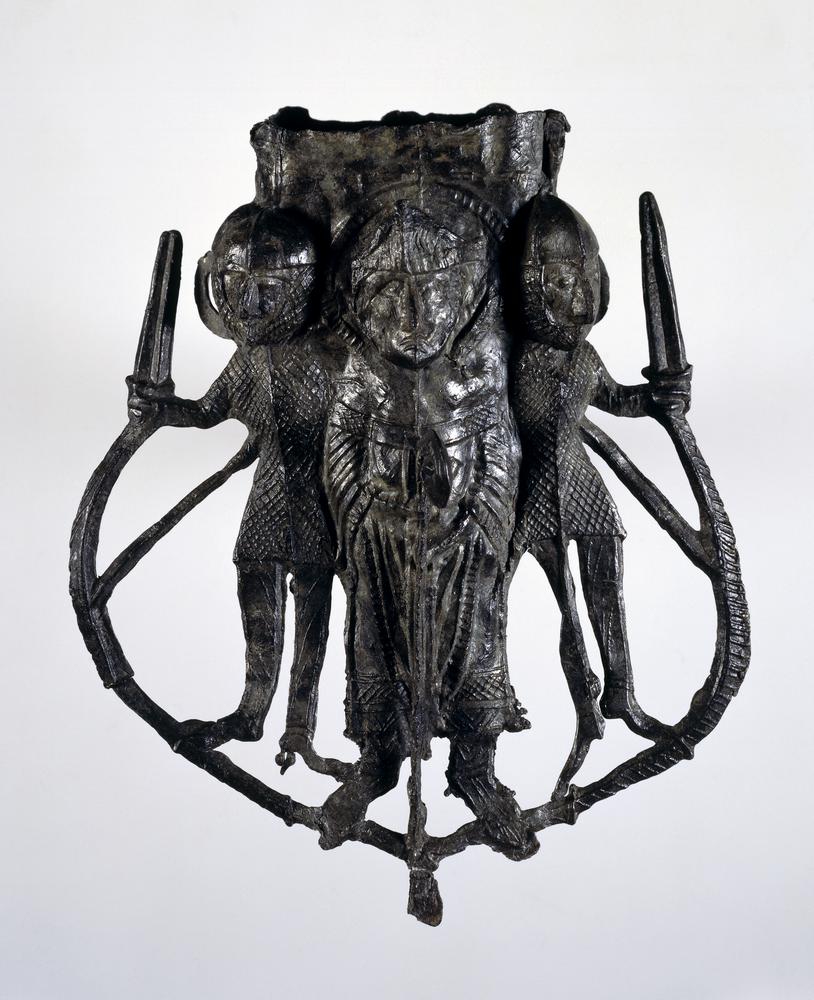 Lead-alloy pilgrim ampulla portraying St. Thomas Becket accompanied by knights, associated with pilgrimage to Canterbury, c. 1170–1200.
